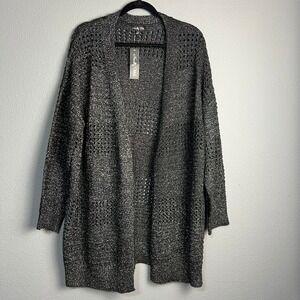NWT Novelty Stitch Open Knit Cardigan Mesh Sparkly‎ Shimmer Metallic Black 1X